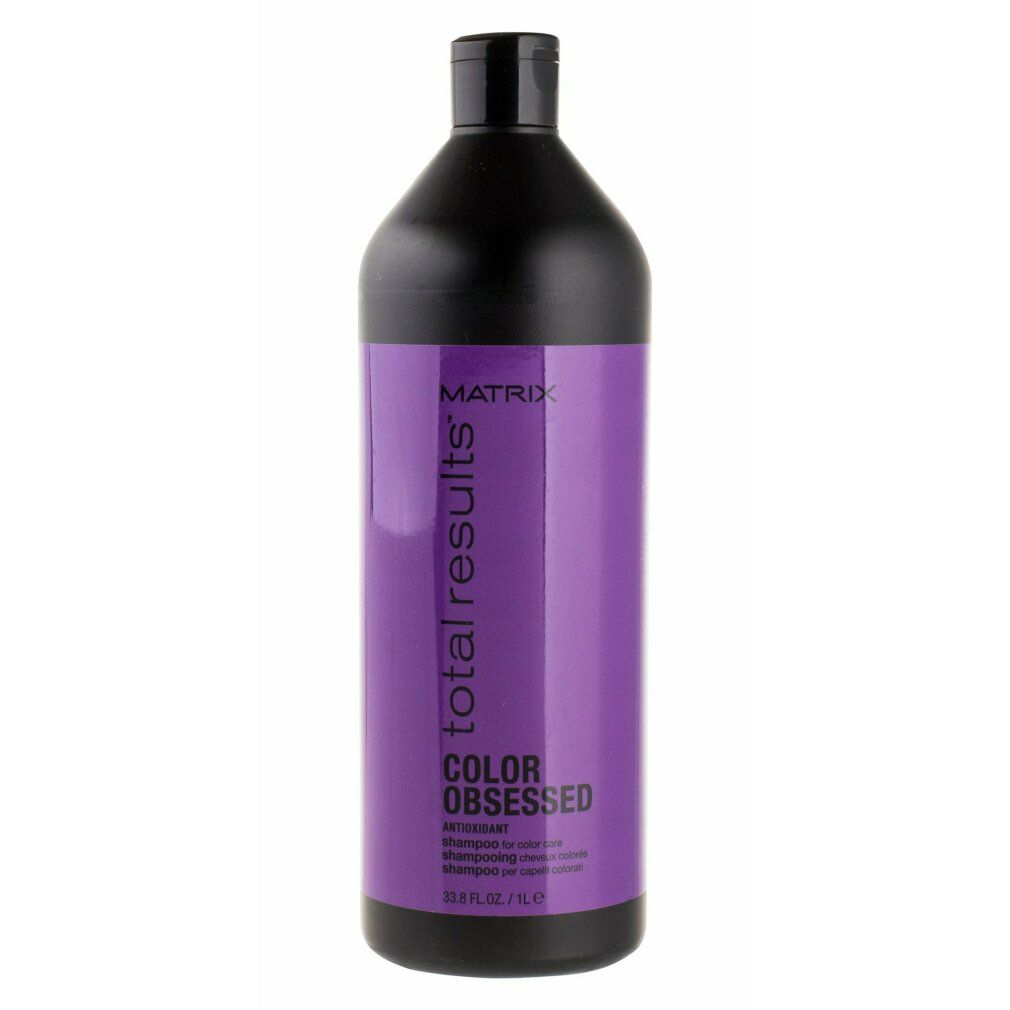 Flacone nero con etichetta viola. Scritta: Matrix Total Results Color Obsessed Shampoo. 1 litro.
