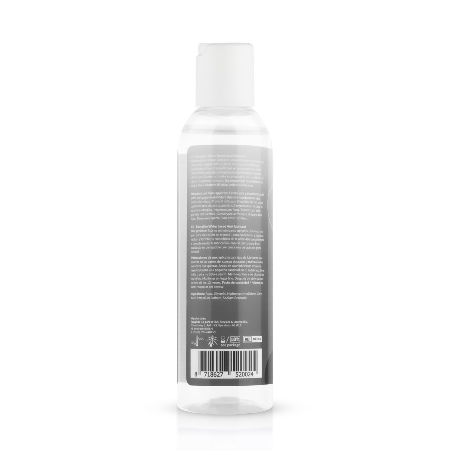 Flacone trasparente con tappo bianco. Retro con testo e codice a barre.