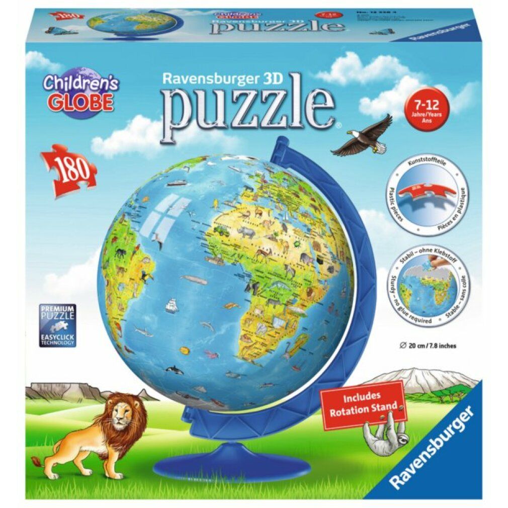 Puzzle 3D globo terrestre in confezione. Raffigurazione di animali e continenti. Logo e nome del produttore sulla confezione. Base girevole inclusa.