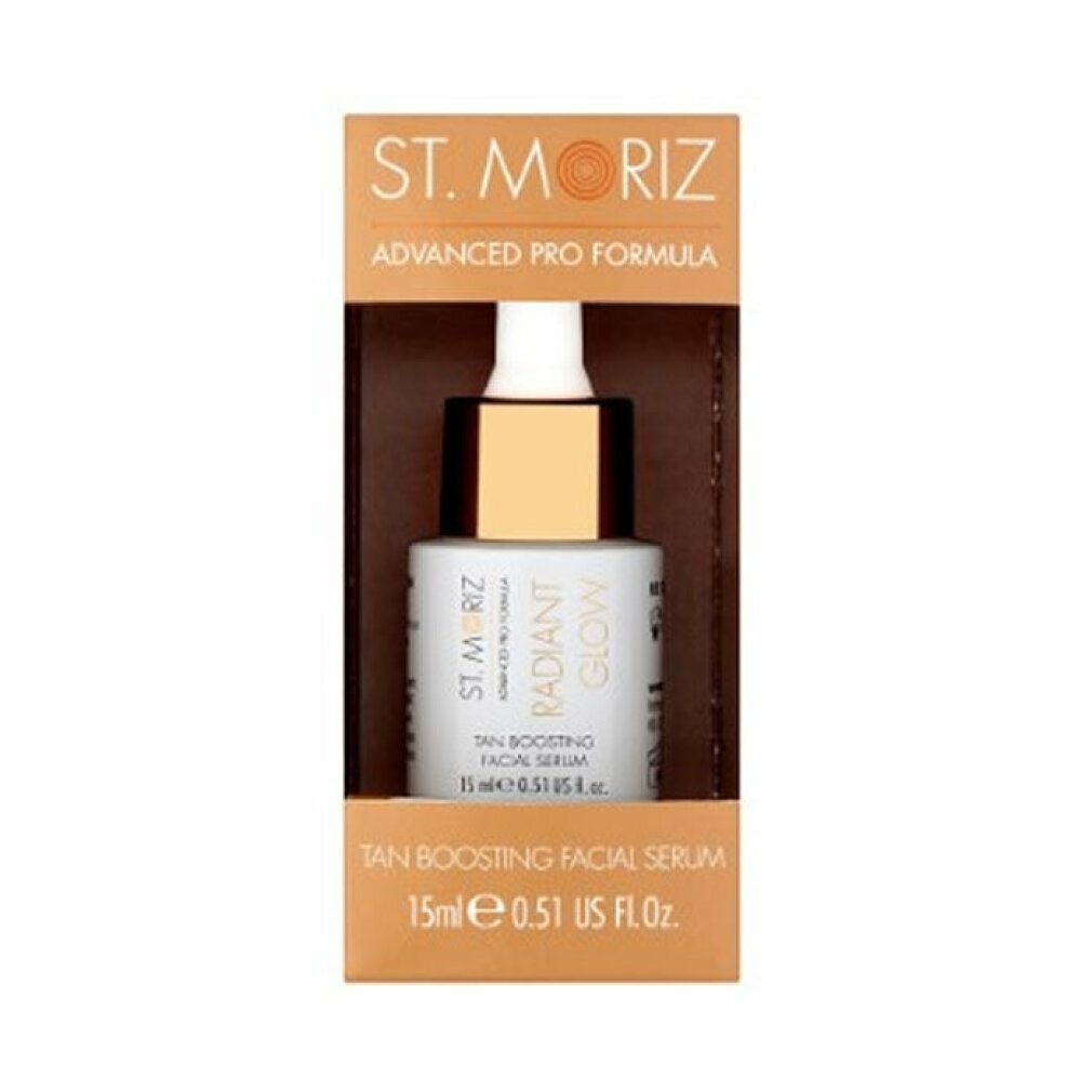Flacone di siero in confezione. Scritta: St. Moriz, Advanced Pro Formula, Radiant Glow, Tan Boosting Facial Serum.