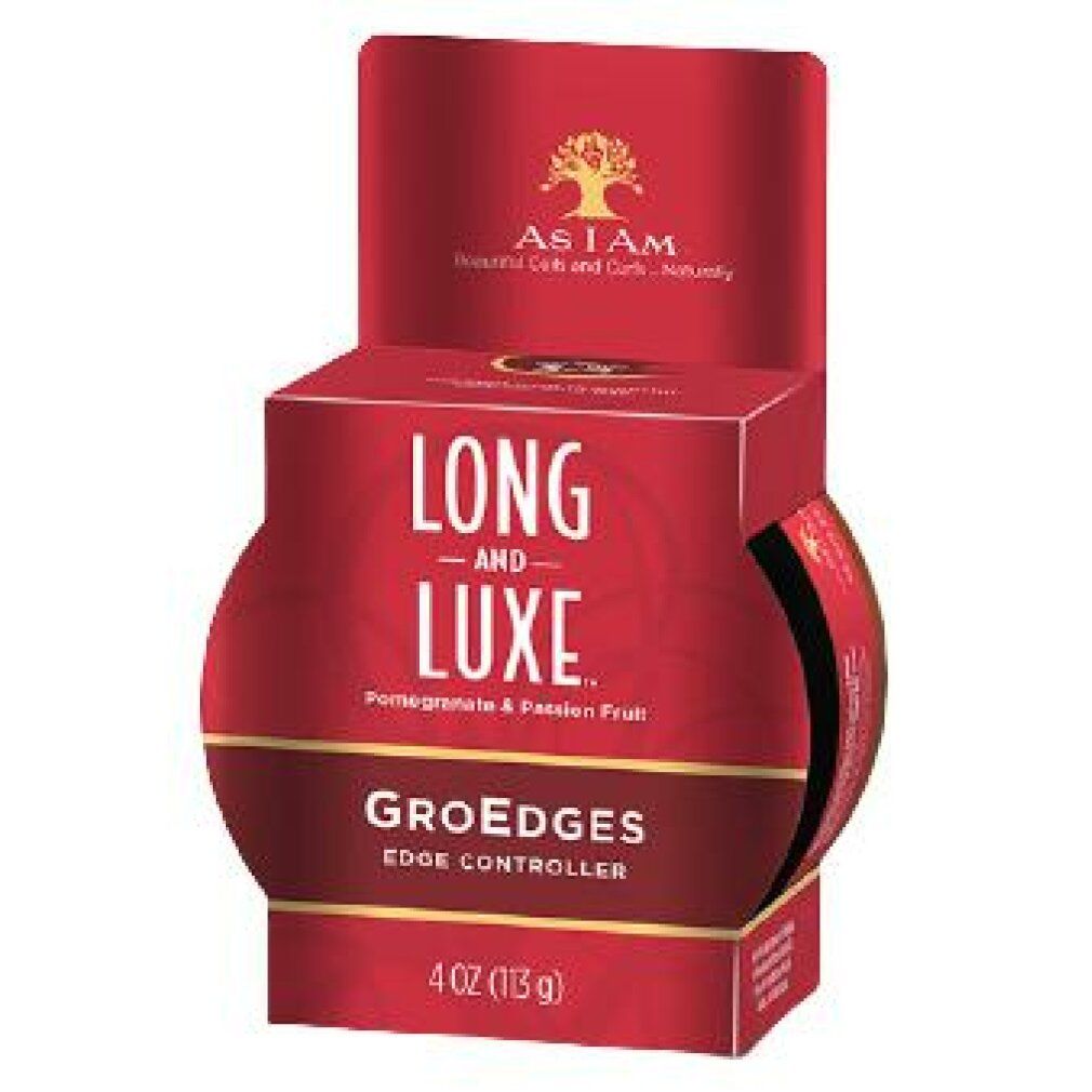 Confezione rossa con scritta « LONG AND LUXE ». Contiene « GroEdges Edge Controller ». 4 OZ (113 g).