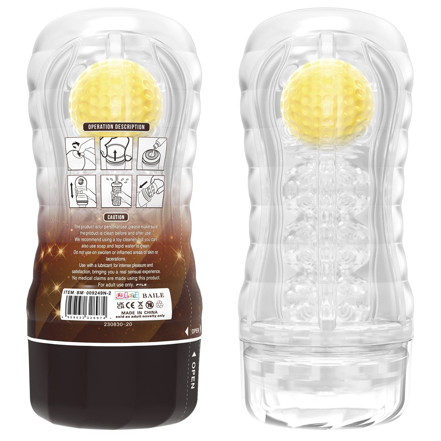 Masturbatore a tazza a vuoto. Corpo trasparente, base marrone. Inserto giallo. Testo: VACUUM CUP MASTURBATOR, Stellar, PRETTY LOVE.