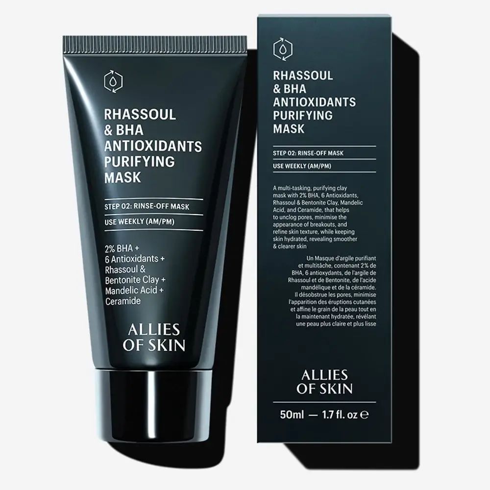 Tubo e scatola neri. Testo: Rhassoul & BHA Antioxidants Purifying Mask. 50ml - 1.7 fl. oz. Sulla scatola: descrizione del prodotto.