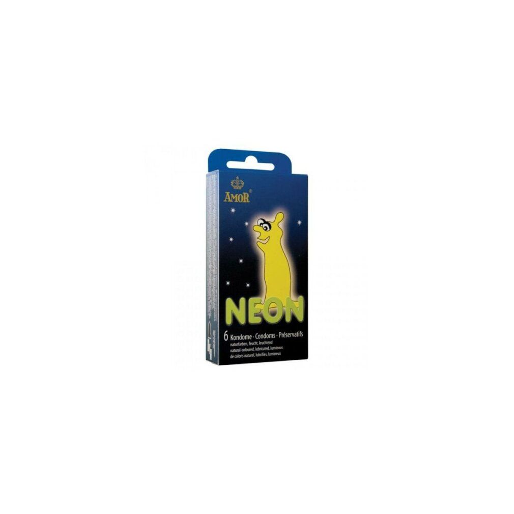 Confezione di preservativi Amor Neon. Sei preservativi. Personaggio giallo luminoso su sfondo blu. Marchio e nome del prodotto visibili.