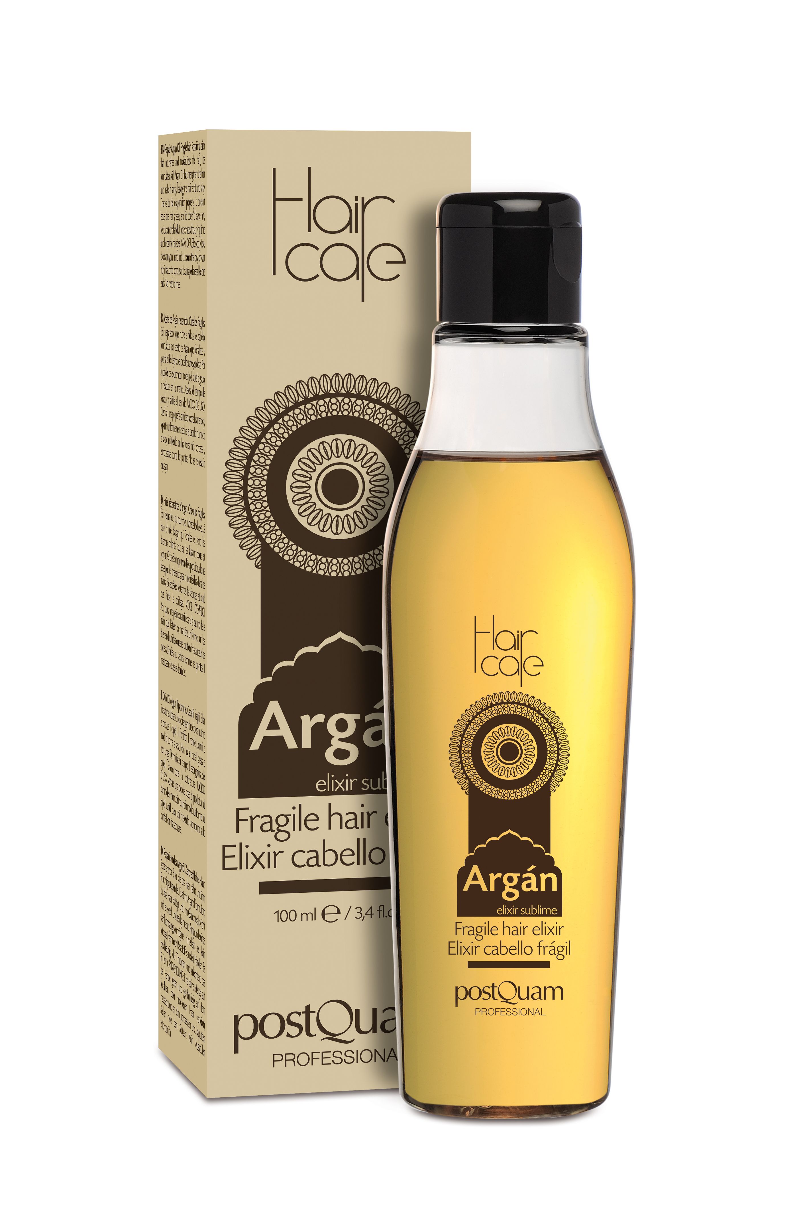 Flacone e confezione. Flacone con olio giallo, tappo nero. Confezione: Argán, Fragile hair elixir, PostQuam, 100 ml.