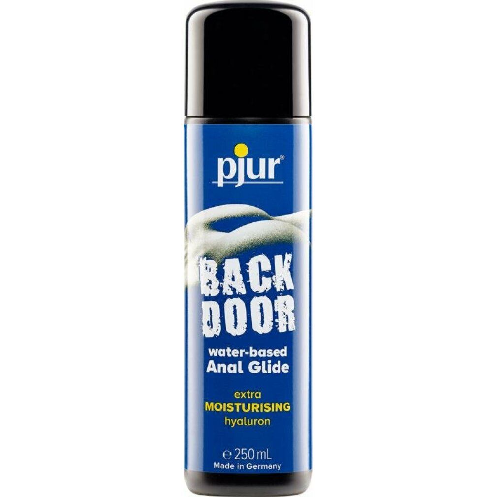 Flacone blu con tappo nero. Scritta: pjur, BACK DOOR, water-based Anal Glide, extra moisturising hyaluron. 250ml.