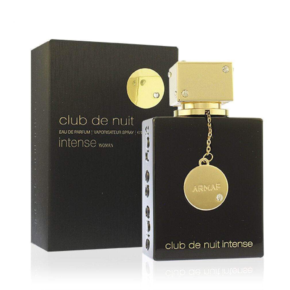 Flacone e confezione neri. Tappo e pendente dorati. Nome e logo del prodotto. Eau de Parfum.