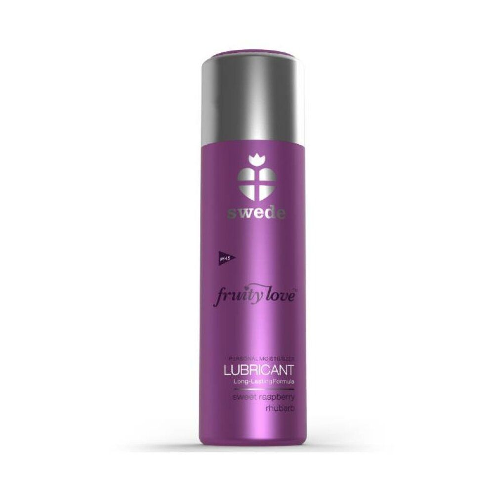 Flacone viola con tappo argentato. Scritta: swede, fruity love, LUBRICANT. pH 4.5. Lampone/rabarbaro.