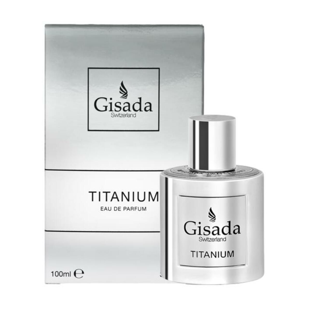 Confezione e flacone argentati. Sulla confezione e sul flacone è scritto "Gisada Switzerland TITANIUM Eau de Parfum".