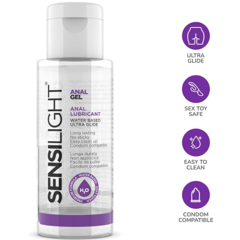 Flacone di gel anale Sensilight a base d'acqua, ultra scorrevole, lunga durata, non appiccicoso, facile da pulire, compatibile con preservativi. Icone: Ultra Glide, Sex Toy Safe, Easy to Clean, Condom Compatible.