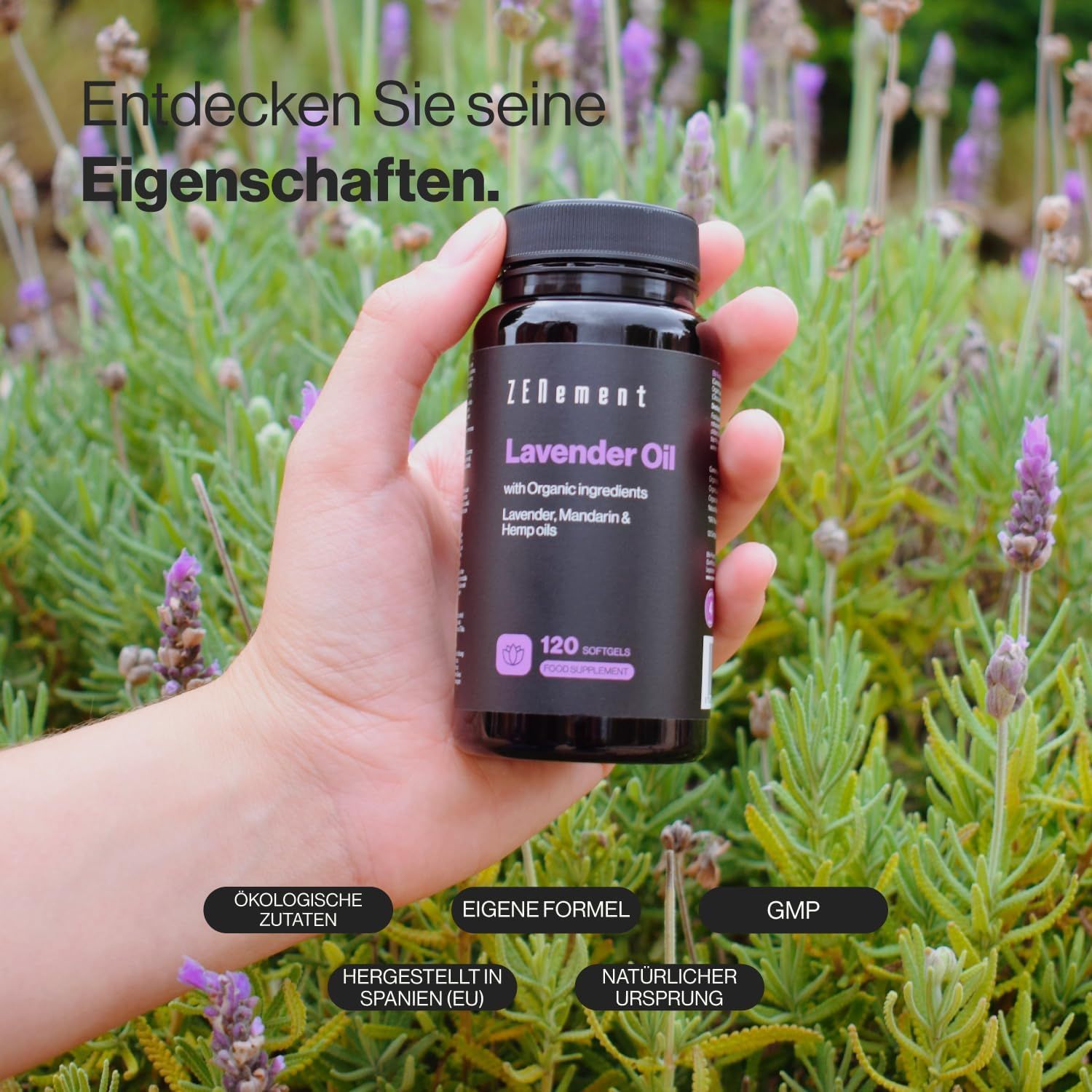 Flacone nero di capsule Zenement Lavendelöl. Mano che tiene il flacone davanti a fiori di lavanda. Testo: "120 capsule".
