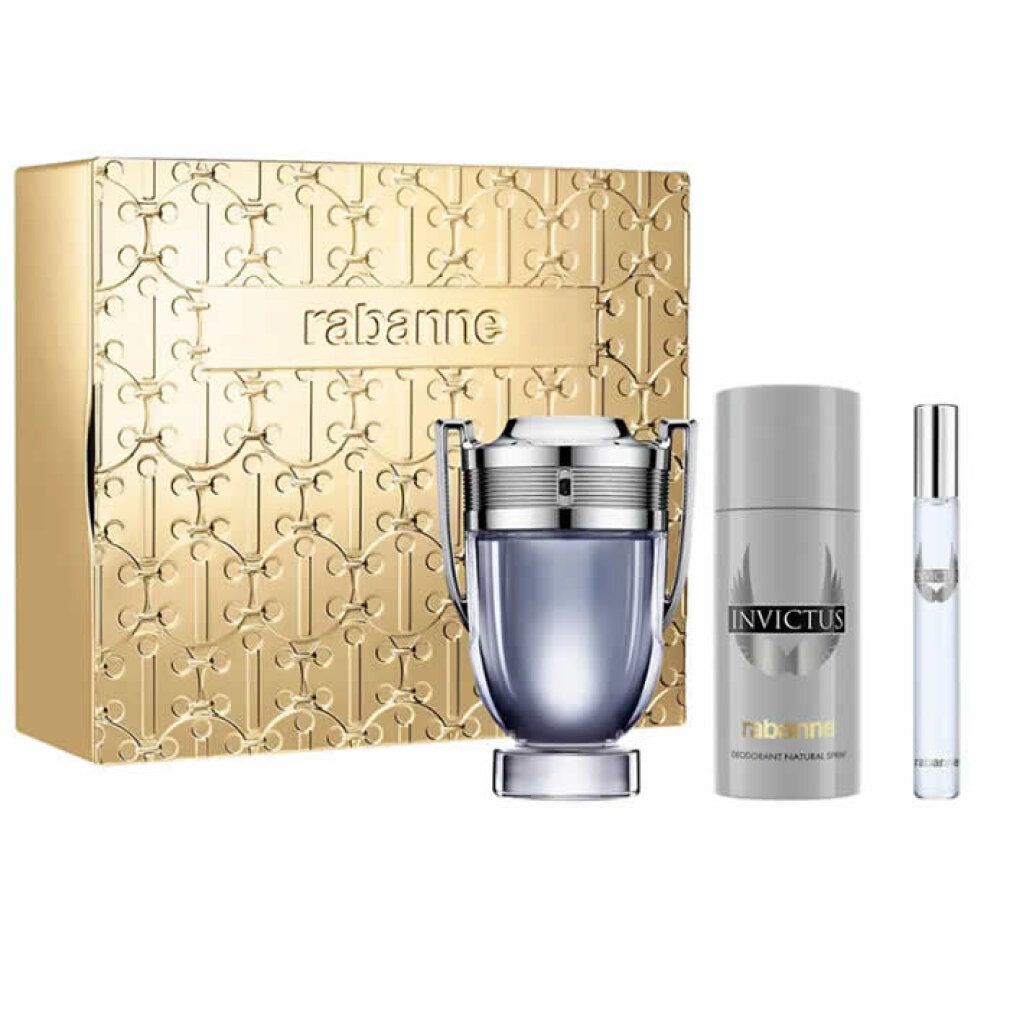 Set regalo con scatola dorata, flacone, deodorante e vaporizzatore. "rabanne" sulla scatola. "INVICTUS" sul deodorante.