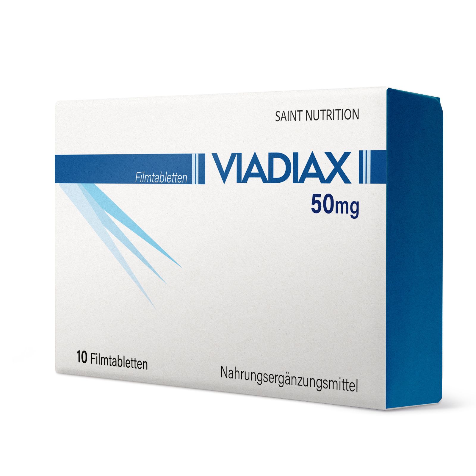 Confezione di Viadiax® 50mg. Scatola bianca con banda blu e testo. Contiene 10 compresse rivestite. Logo Saint Nutrition.