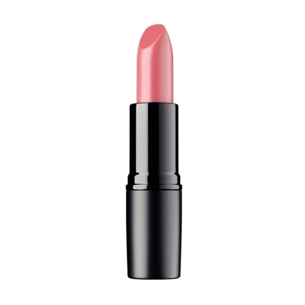 Un rossetto rosa in un astuccio nero.