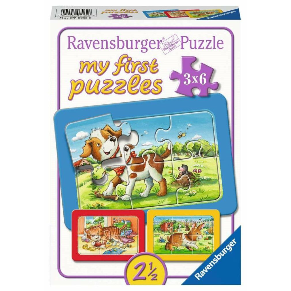 Puzzle Ravensburger, 3x6 pezzi. Puzzle cane in 6 pezzi, bordi blu. Cane con bastone sull'erba.