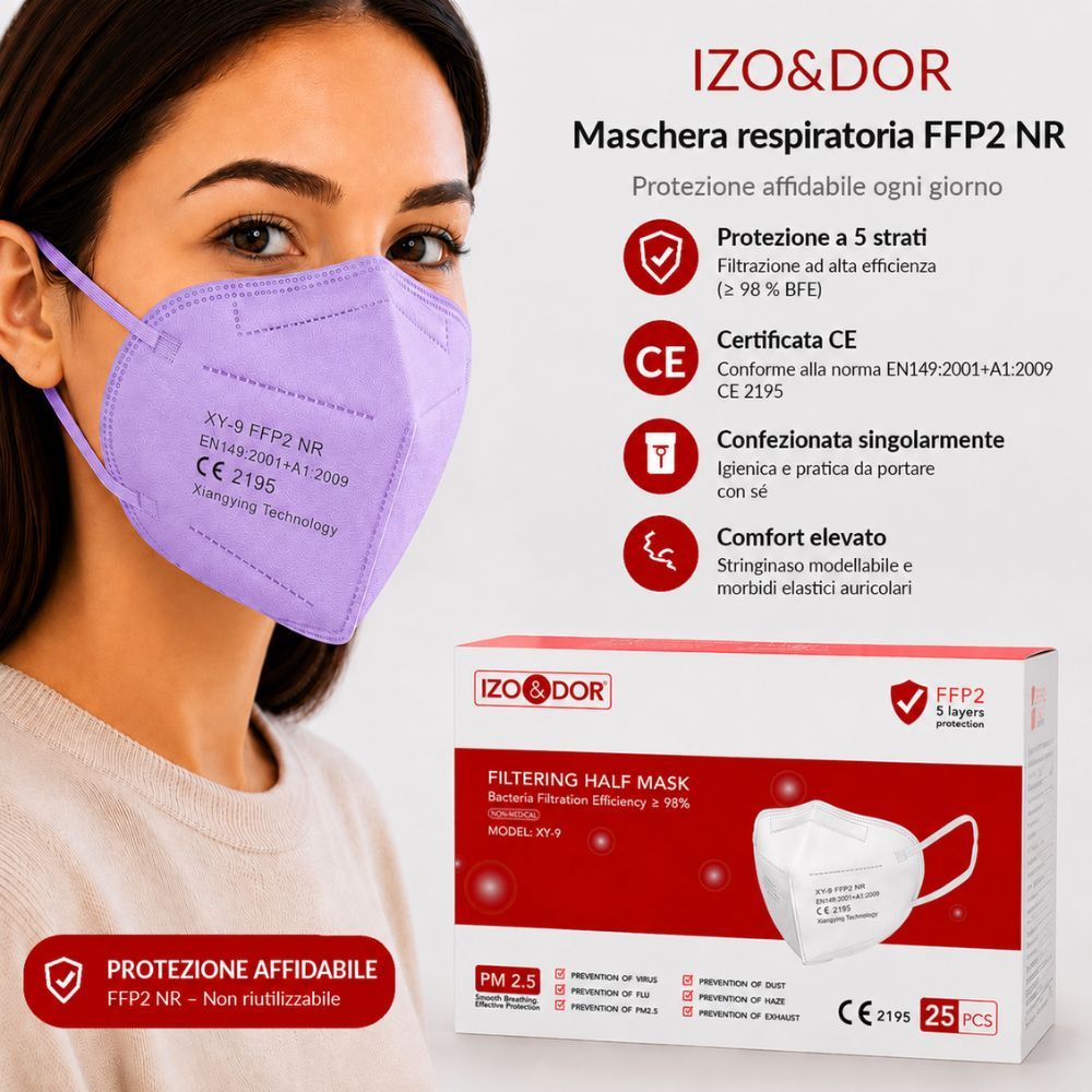 Donna con mascherina FFP2 viola; confezione mostra 5 strati, certificazione CE.