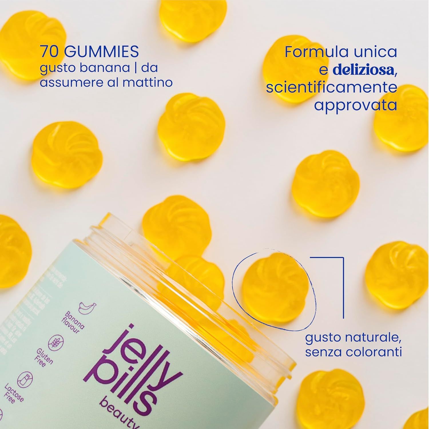 Jelly Pills Derma Glow Gummies. 70 caramelle gommose. Gusto banana. Caramelle gommose gialle. Formula unica, scientificamente approvata.