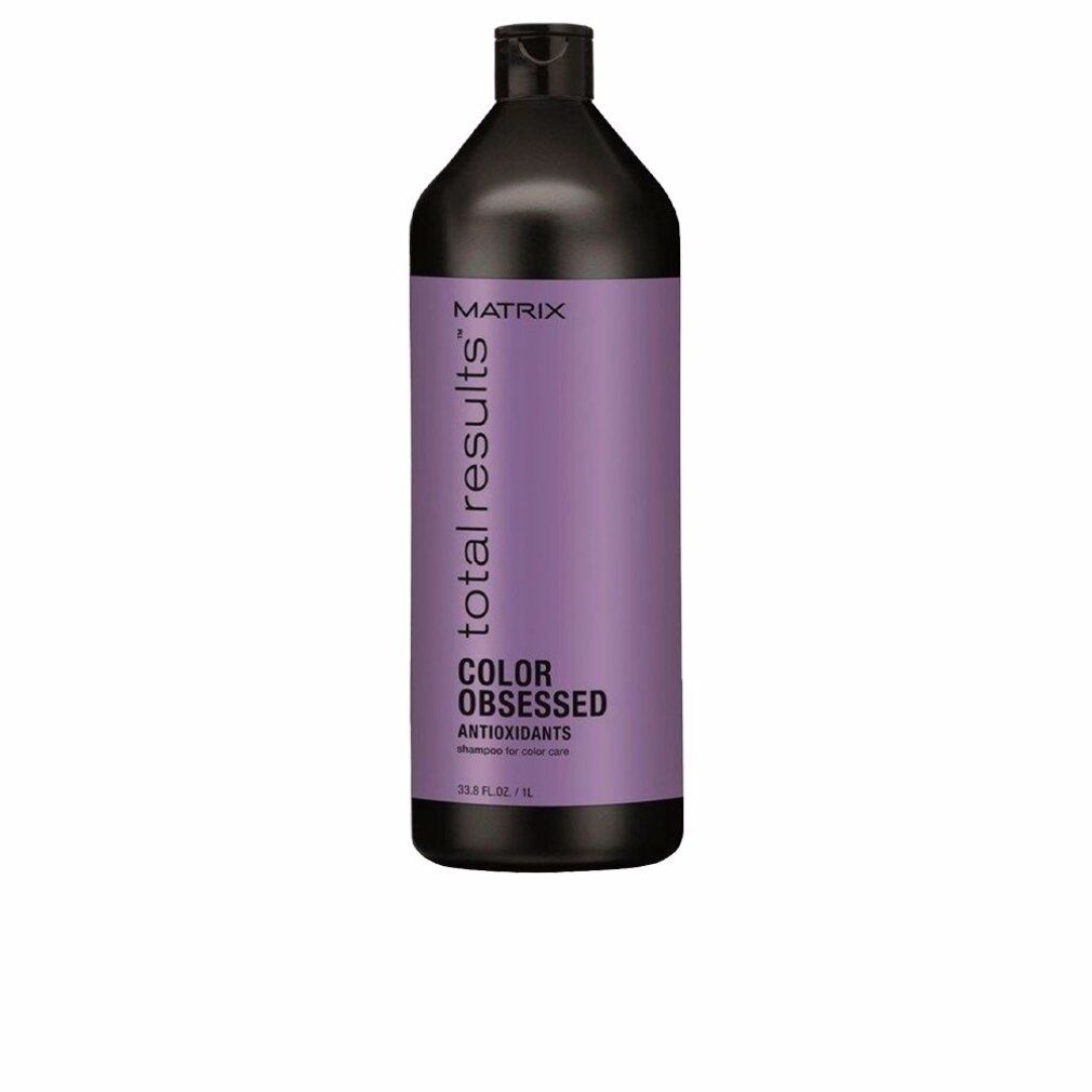 Flacone nero con etichetta viola. Scritta: Matrix Total Results Color Obsessed Shampoo. 1 litro.