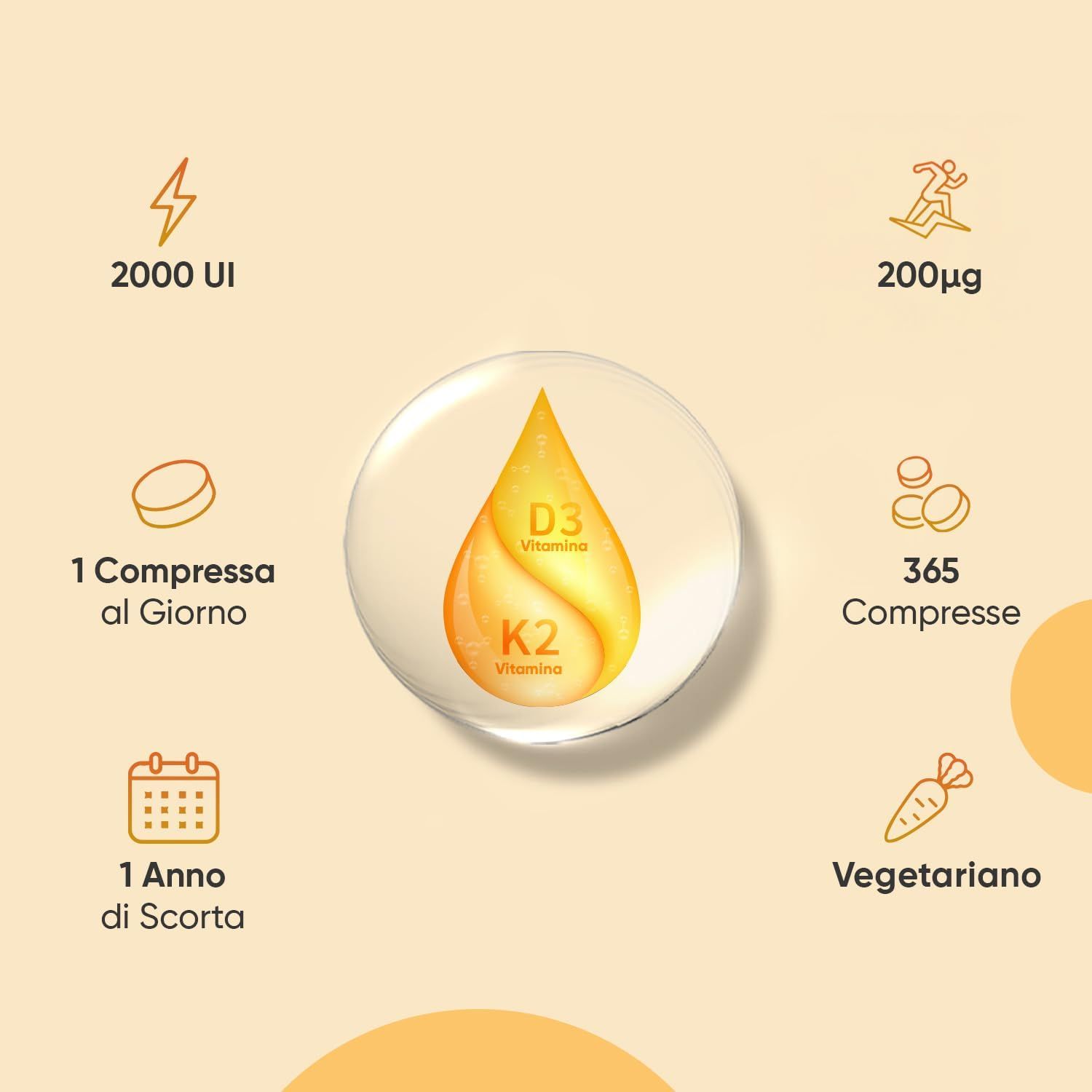 Grafico con Vitamina D3 e K2. 2000 UI, 200µg, 1 compressa al giorno, 365 compresse, 1 anno di scorta, vegetariano.