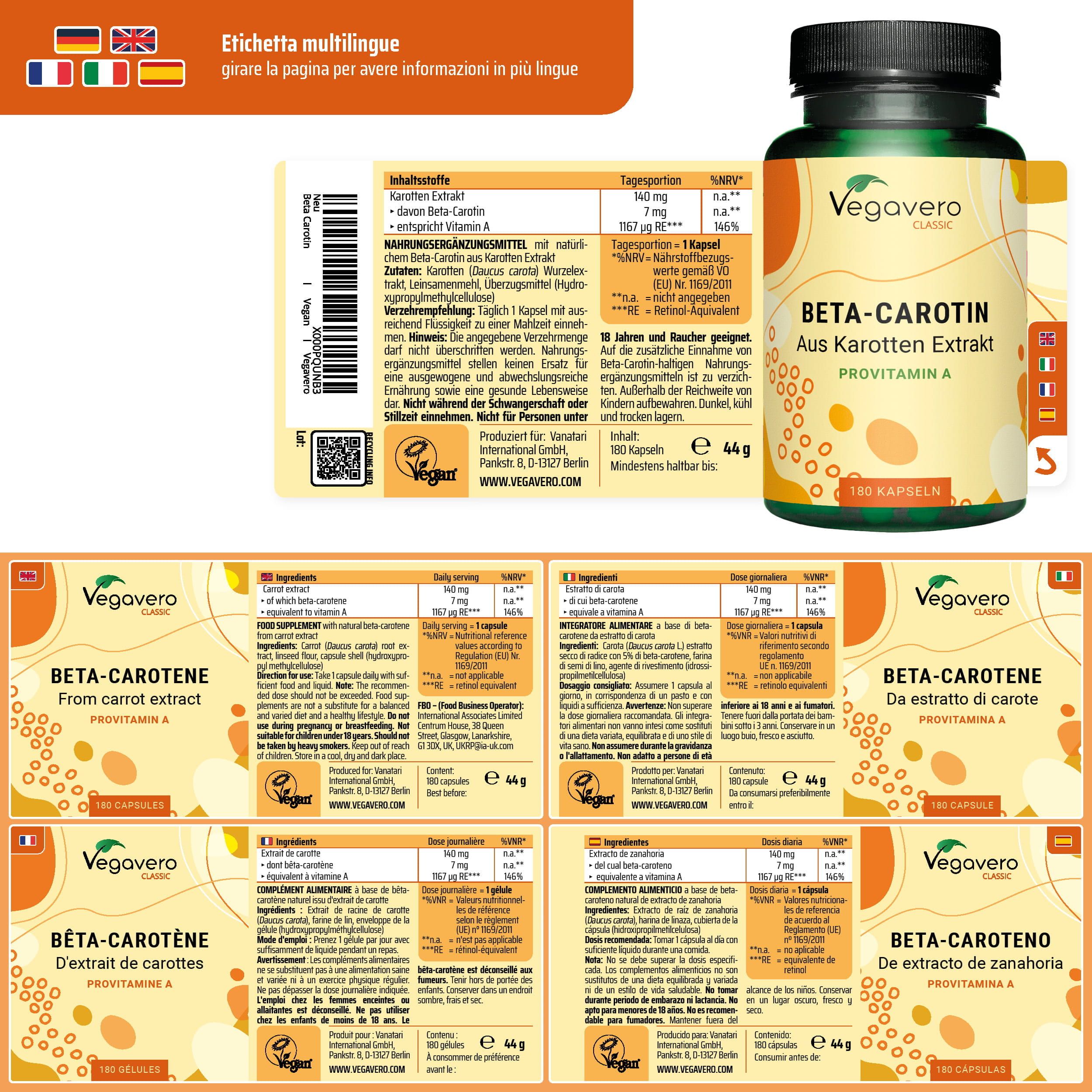 Etichetta multilingue con informazioni in diverse lingue. Accanto, un flacone di capsule di beta-carotene.