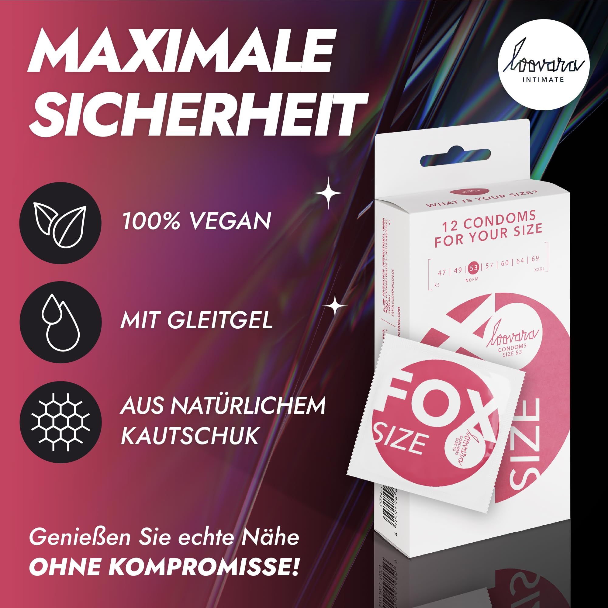 Confezione di preservativi Loovara con icone per vegan, lubrificante e lattice naturale.