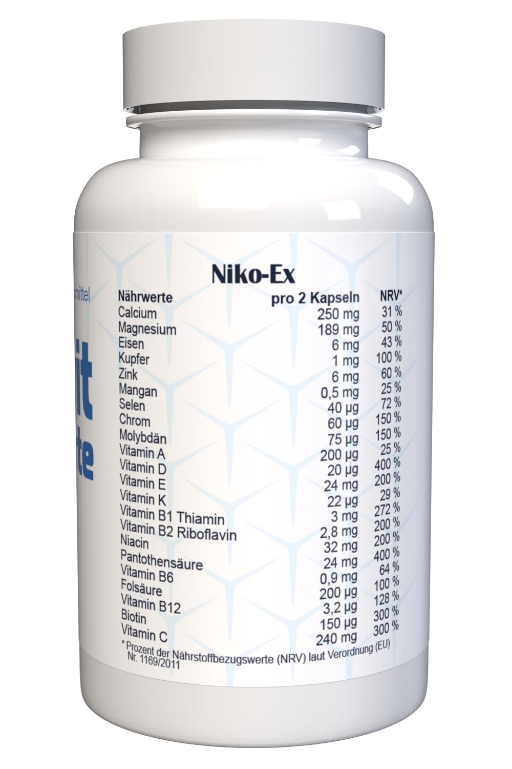 Flacone bianco con testo e tabella nutrizionale. Contiene capsule. Informazioni per 2 capsule.