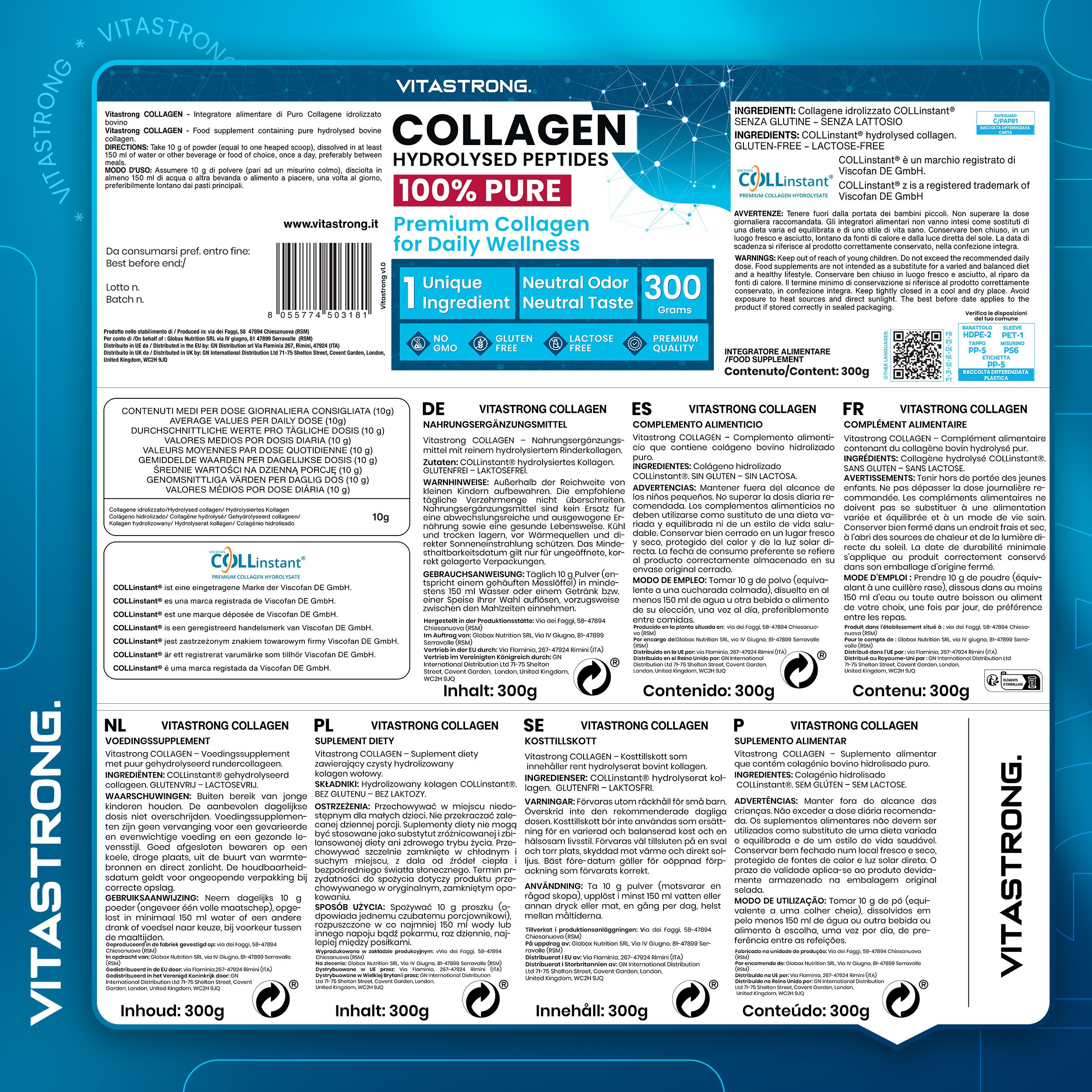 Retro della confezione Vitastrong Collagene. Testo multilingue. Ingredienti, valori nutrizionali, istruzioni per l'uso.