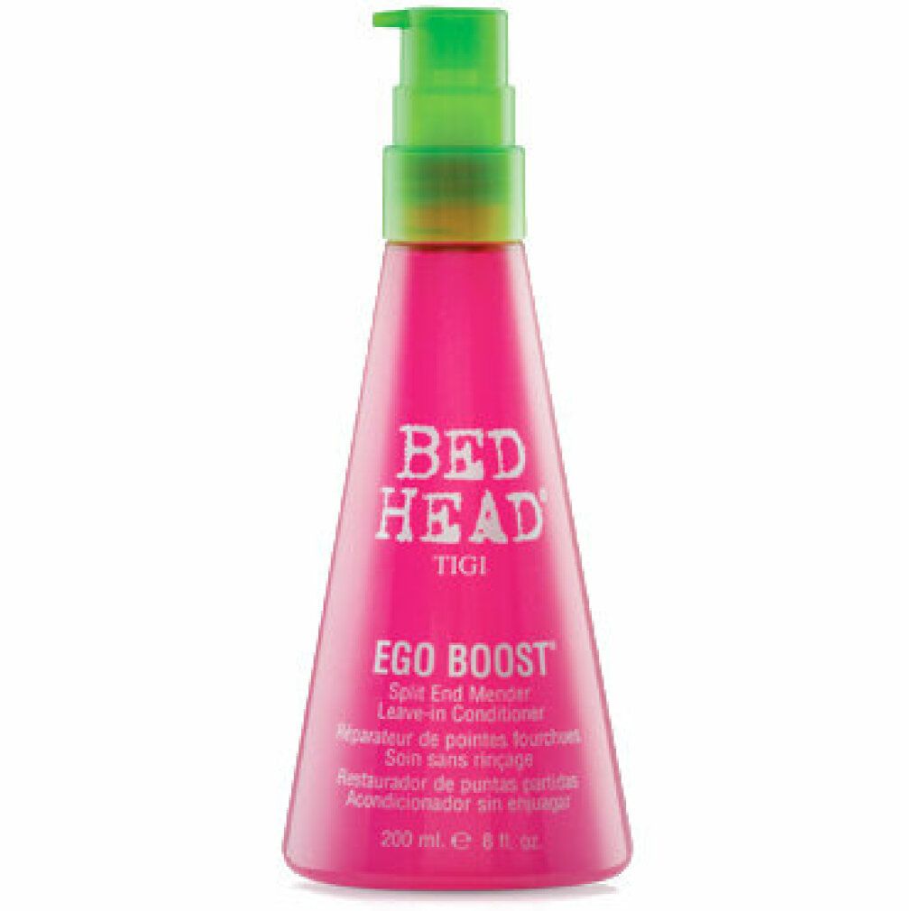 Flacone rosa con erogatore verde. Scritte: BED HEAD, TIGI, Ego Boost. Testo multilingue. Volume: 200 ml, 8 fl. oz.
