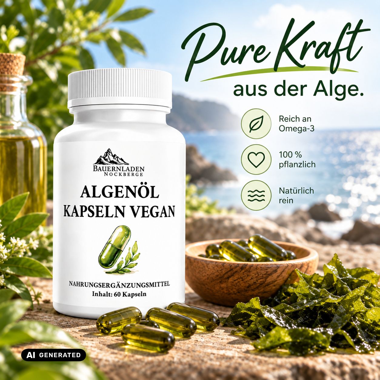 Flacone di capsule vegane all'olio di alghe. Ricco di Omega-3, 100% vegetale, puro.