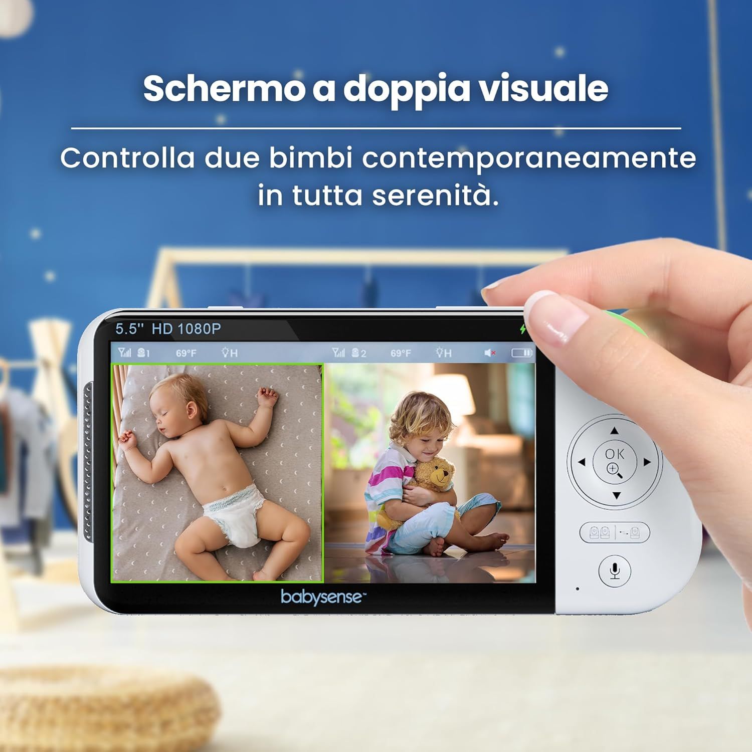 Baby monitor Full HD con schermo diviso e 2 telecamere Babysense