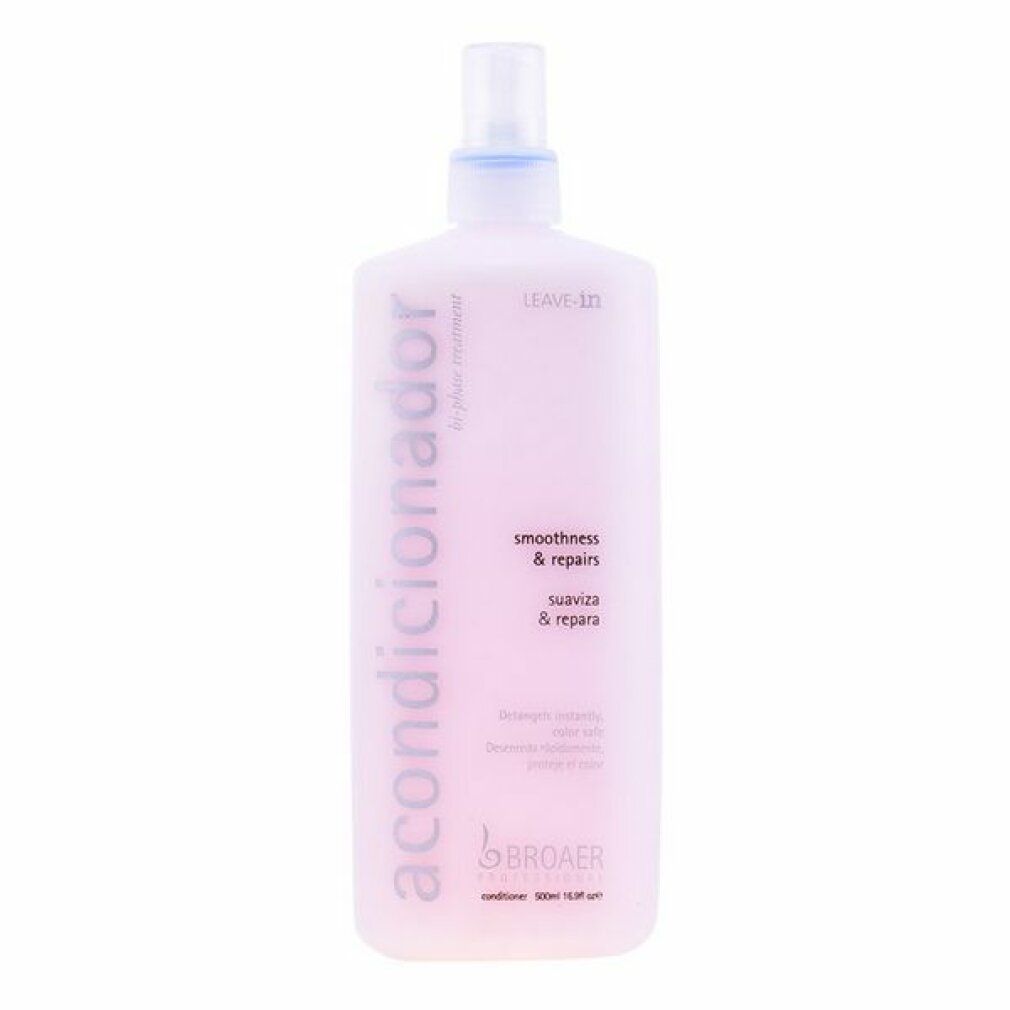 Flacone rosa con vaporizzatore. Scritta: acondicionador, smoothness & repairs, BROAER, leave-in. Nome del prodotto non incluso.