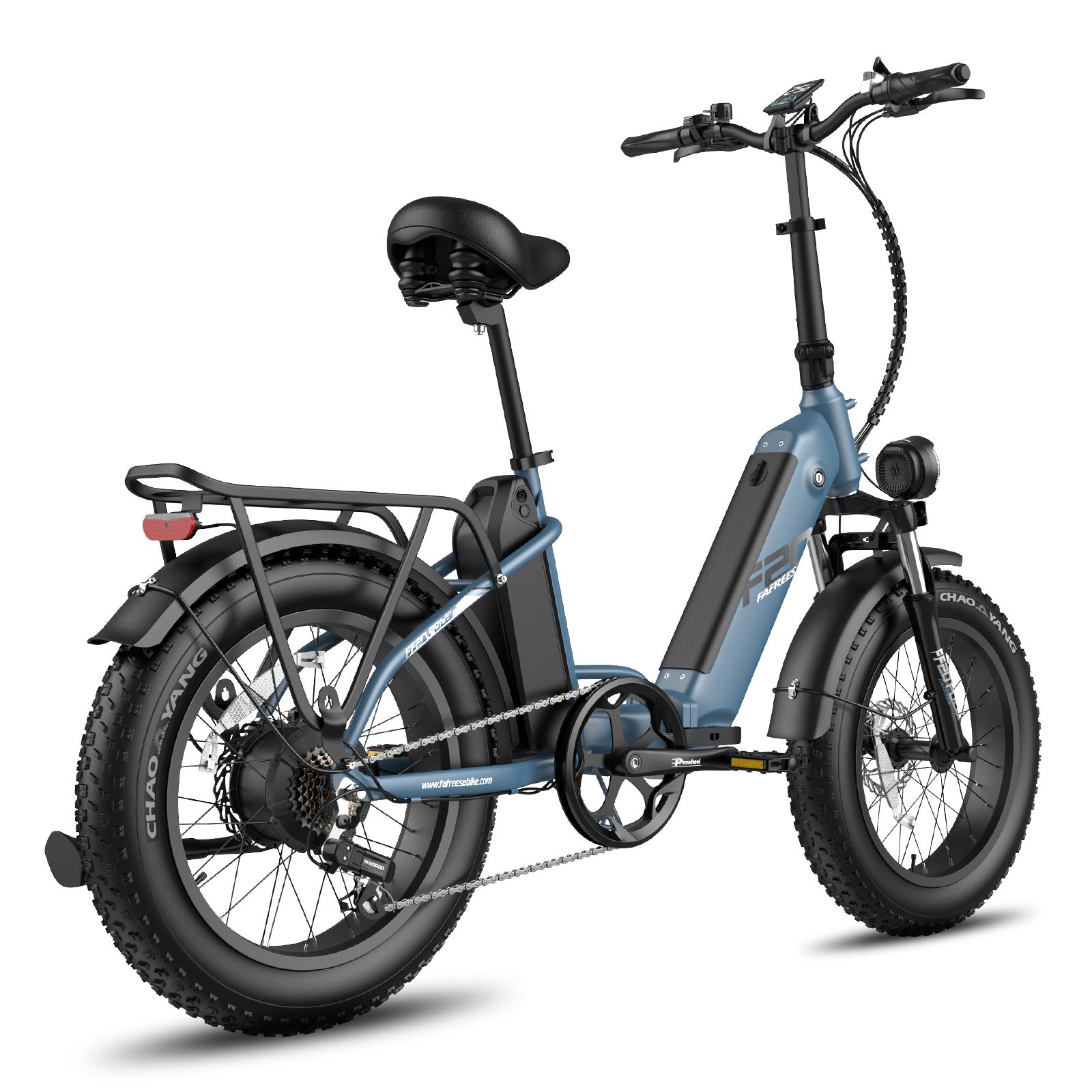 E-bike pieghevole blu. Pneumatici, sella e portapacchi neri. Fanale posteriore. Marchio Fafrees.