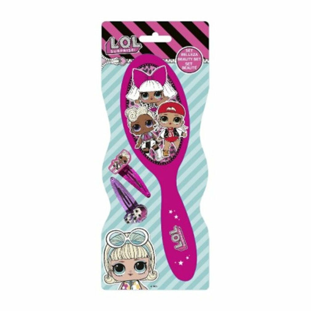 Spazzola per capelli rosa con tre fermagli. Personaggi dei cartoni animati sulla spazzola. Confezionato su sfondo blu.