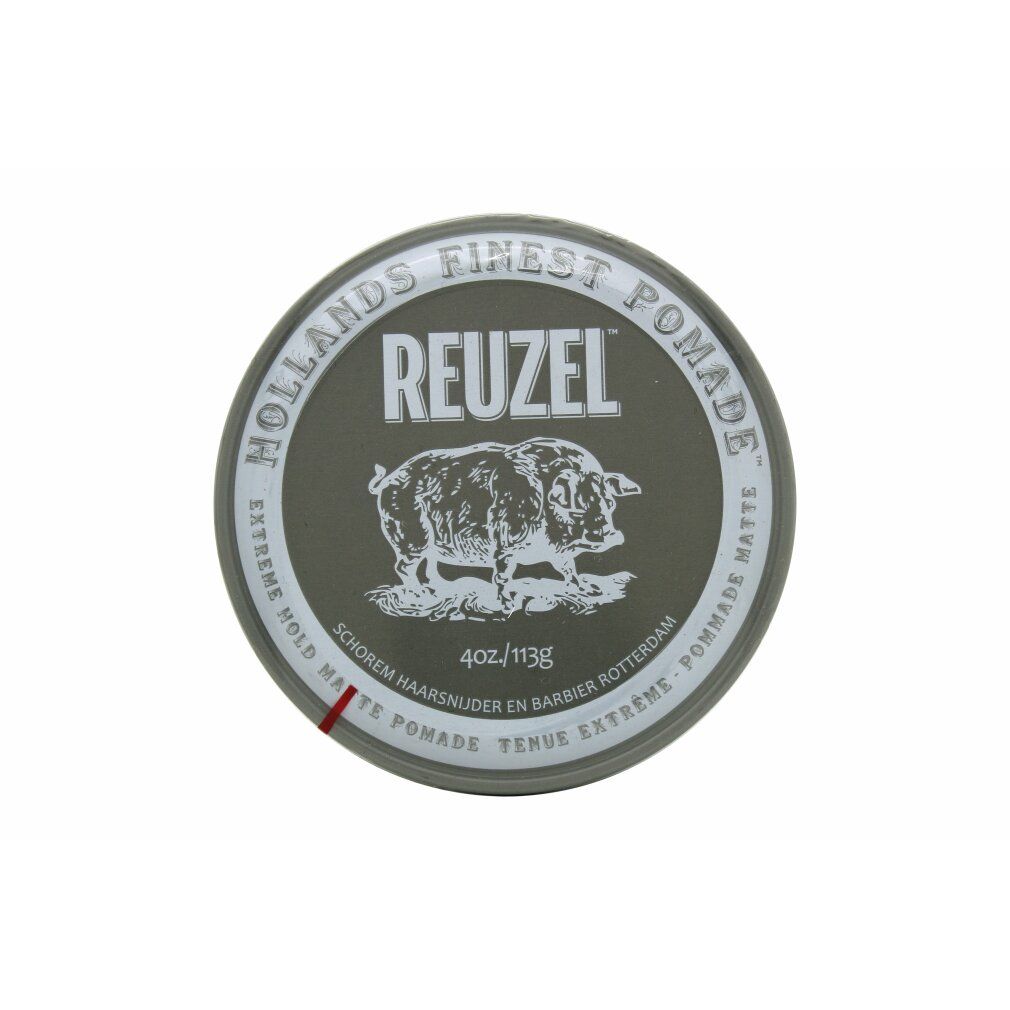 Barattolo rotondo di pomata Reuzel Extreme Hold Matte. Etichetta grigio scuro con illustrazione di maiale e testo.