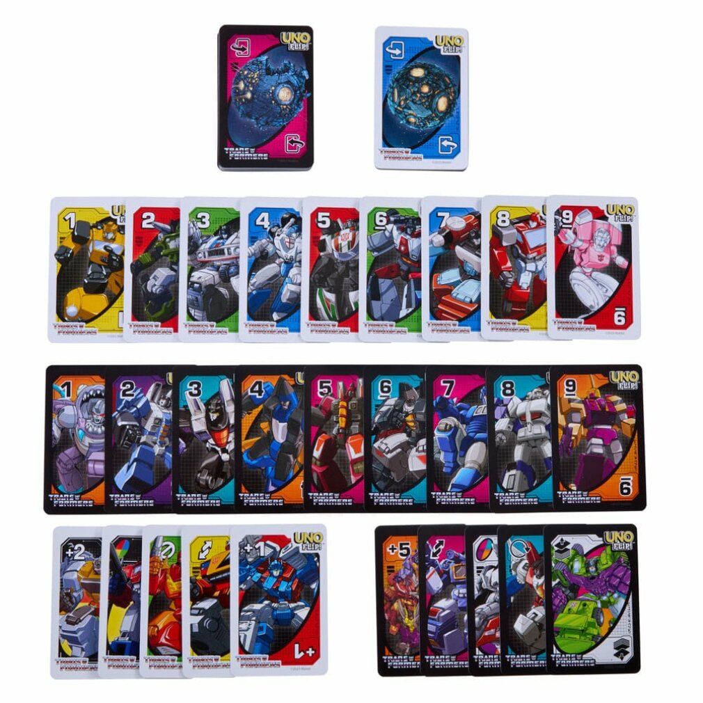 Gioco di carte UNO Flip! Transformers. Carte con numeri e personaggi. Due carte in alto, molte in basso.