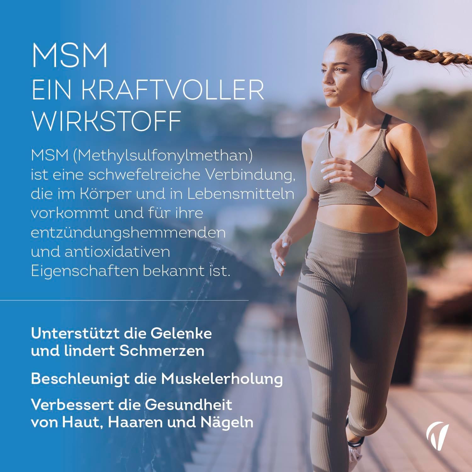 Donna che corre. Testo: MSM, un potente ingrediente attivo. Supporta le articolazioni, allevia il dolore, accelera il recupero.