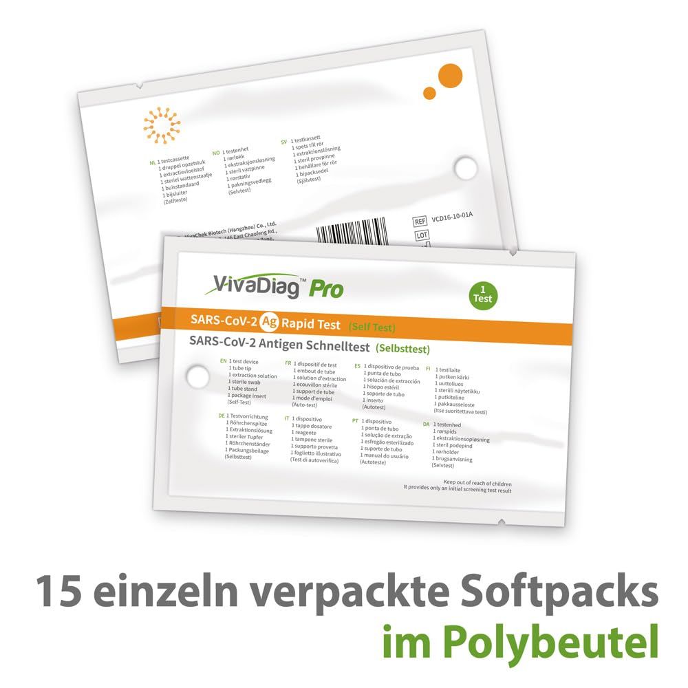 Due kit di test confezionati singolarmente. Stampa: VivaDiag Pro, test antigenico SARS-CoV-2. Testo: 15 confezioni morbide confezionate singolarmente in un sacchetto di plastica.