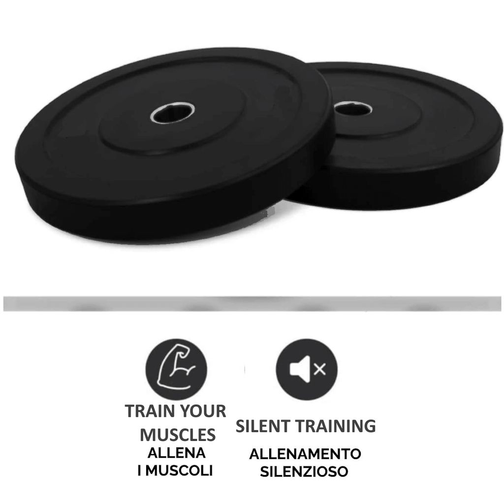 Due dischi di peso neri. Testo: "TRAIN YOUR MUSCLES" e "SILENT TRAINING".