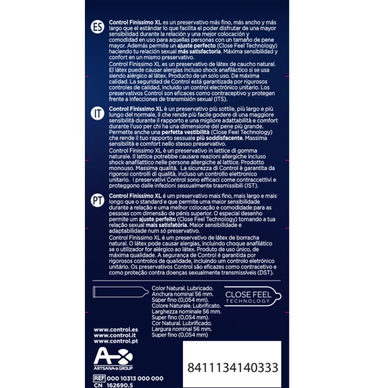 Retro della confezione di preservativi Control Finissimo Xtra Large con informazioni sul prodotto e marchio CE.