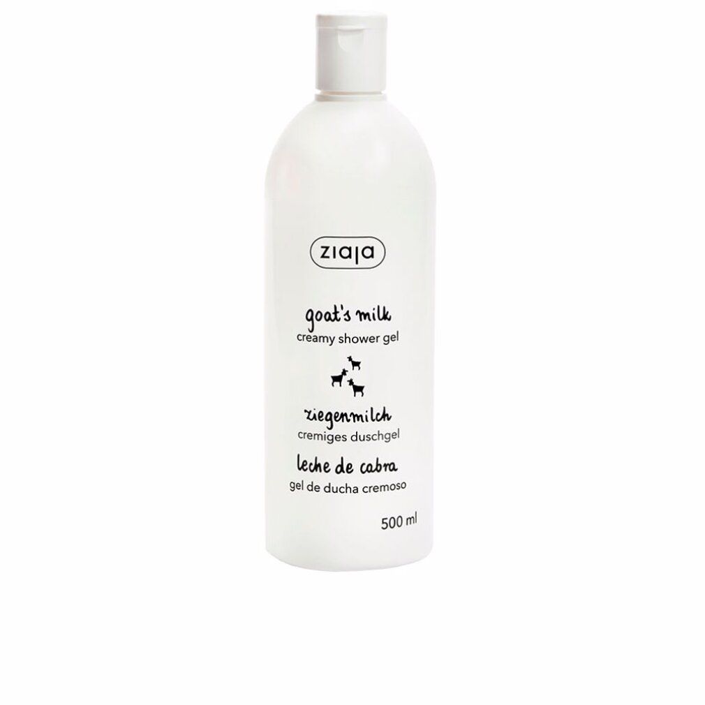 Flacone bianco con testo nero. Contiene ZIAJA, goat's milk, gel doccia cremoso, leche de cabra. 500 ml.