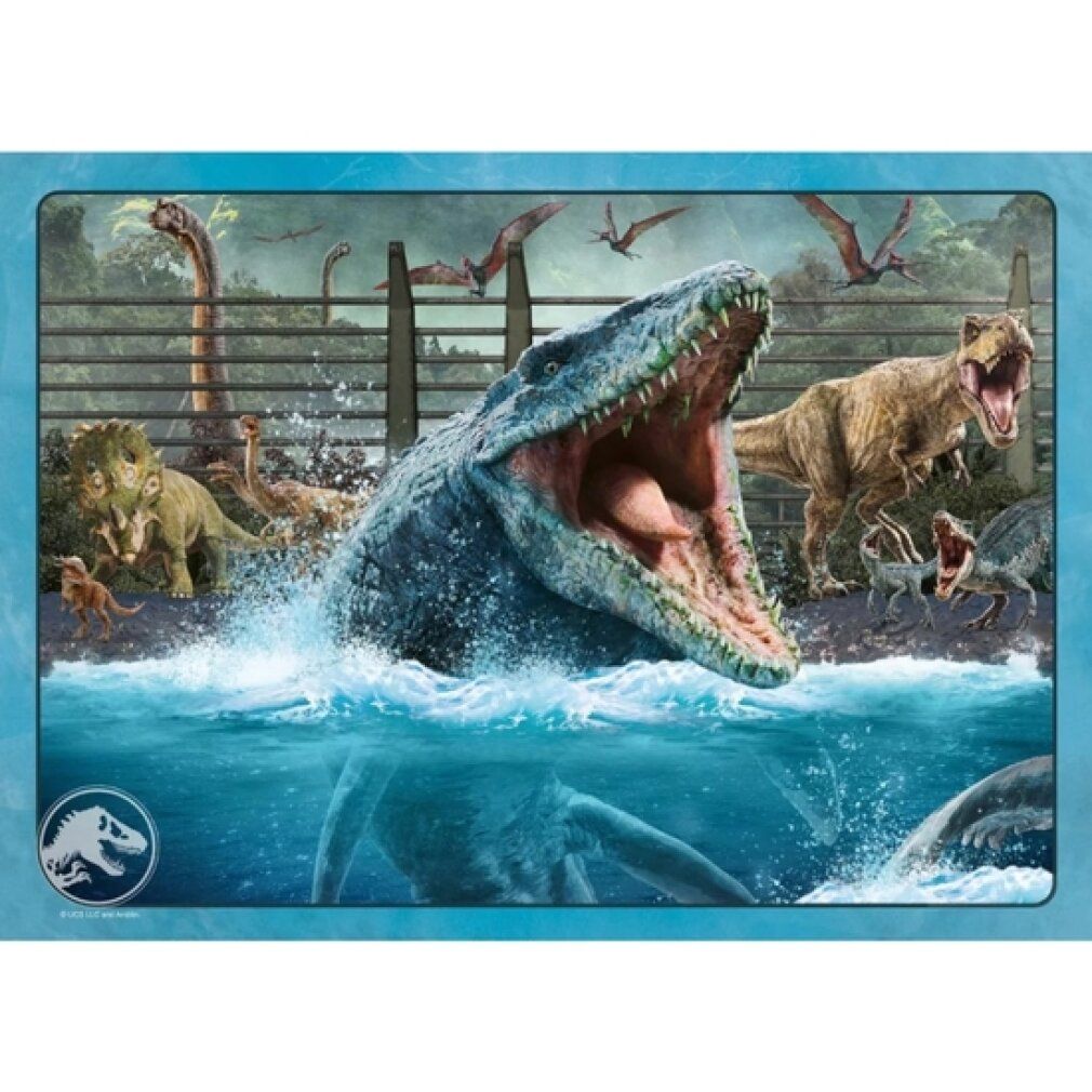 Puzzle con un mosasauro nell'acqua. Altri dinosauri e una recinzione sono visibili sullo sfondo. Il logo è visibile.