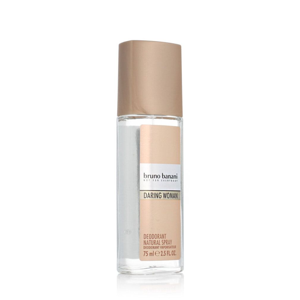 Flacone spray deodorante. Tappo beige, flacone trasparente con etichetta. Scritta: bruno banani, Daring Woman, Natural Spray.