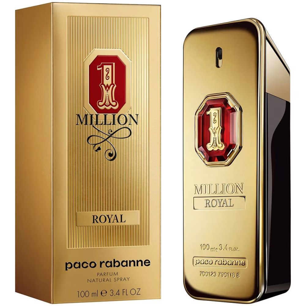 Flacone e scatola dorati. Scritta "Million Royal" e "Paco Rabanne". Flacone con stemma rosso.