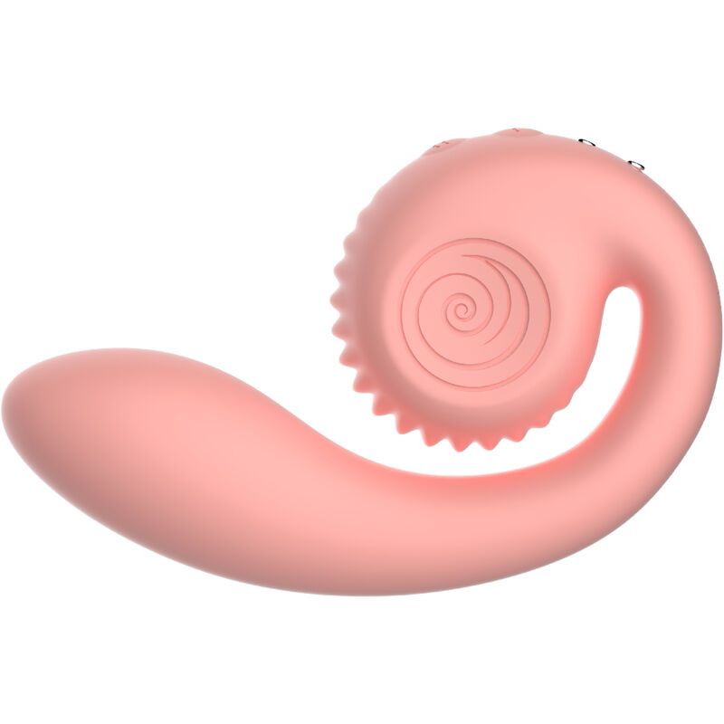 Prodotto benessere rosa a forma di spirale. Parte superiore scanalata con tre pulsanti. Parte inferiore curva.
