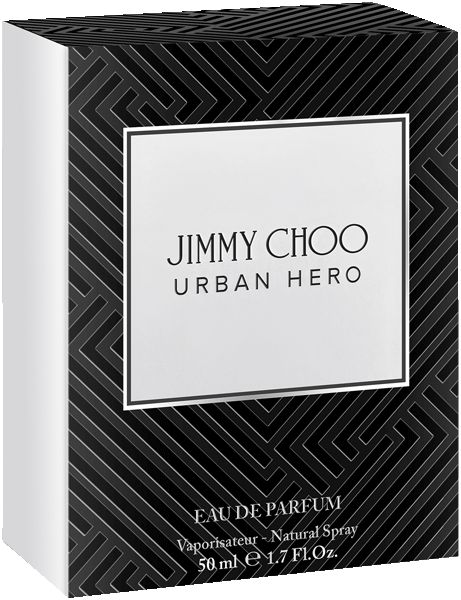 Scatola nera con testo bianco. Testo: Jimmy Choo Urban Hero, Eau de Parfum, 50 ml.
