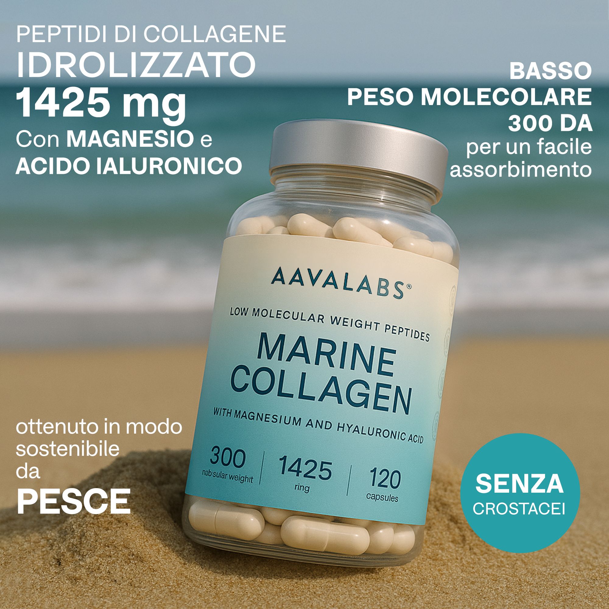 Capsule Aavalabs Meereskollagen sulla sabbia. Scritta: Marine Collagen, 1425 mg, 120 capsule. Senza crostacei.
