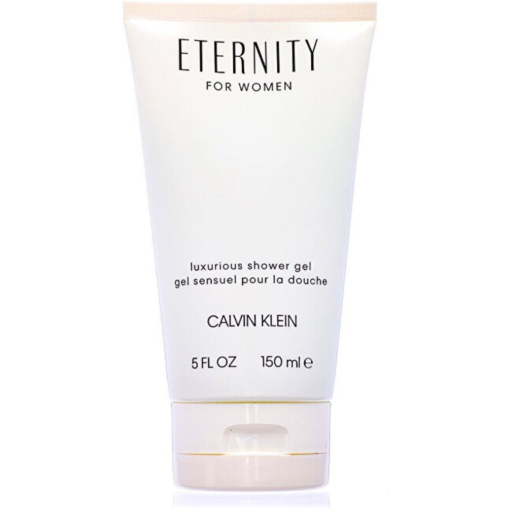 Tubo di gel doccia bianco con scritta "ETERNITY FOR WOMEN" e "Calvin Klein". Testo: luxurious shower gel, gel sensuel pour la douche. 5 FL OZ, 150 ml e.