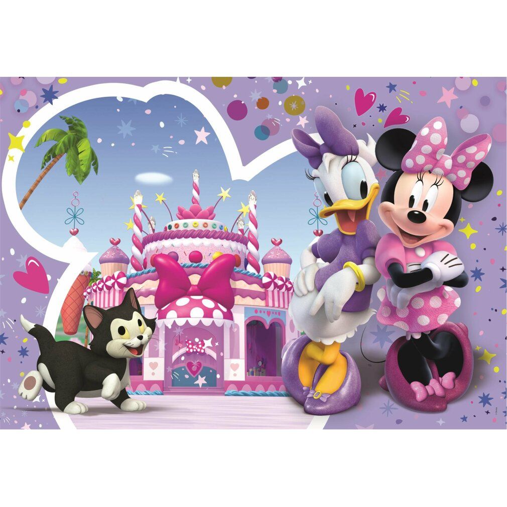 Puzzle con Minnie, Paperina e gatto davanti a un castello. 30 pezzi. Marca: Clementoni. Per bambini dai 3 anni in su.