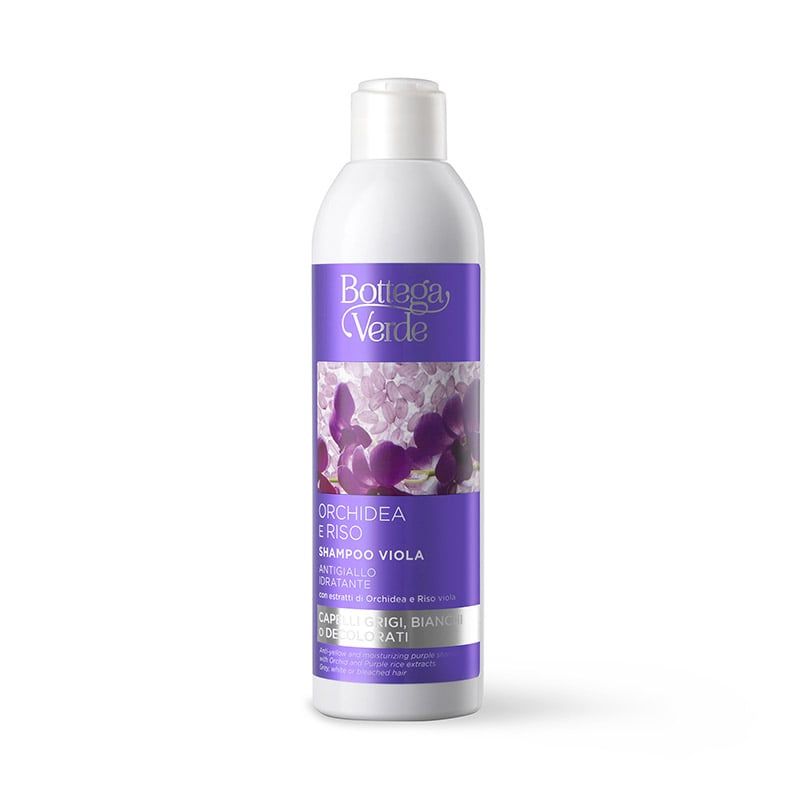 Flacone di shampoo Bottega Verde viola. Etichetta con nome del prodotto e fiori viola. Tappo bianco.