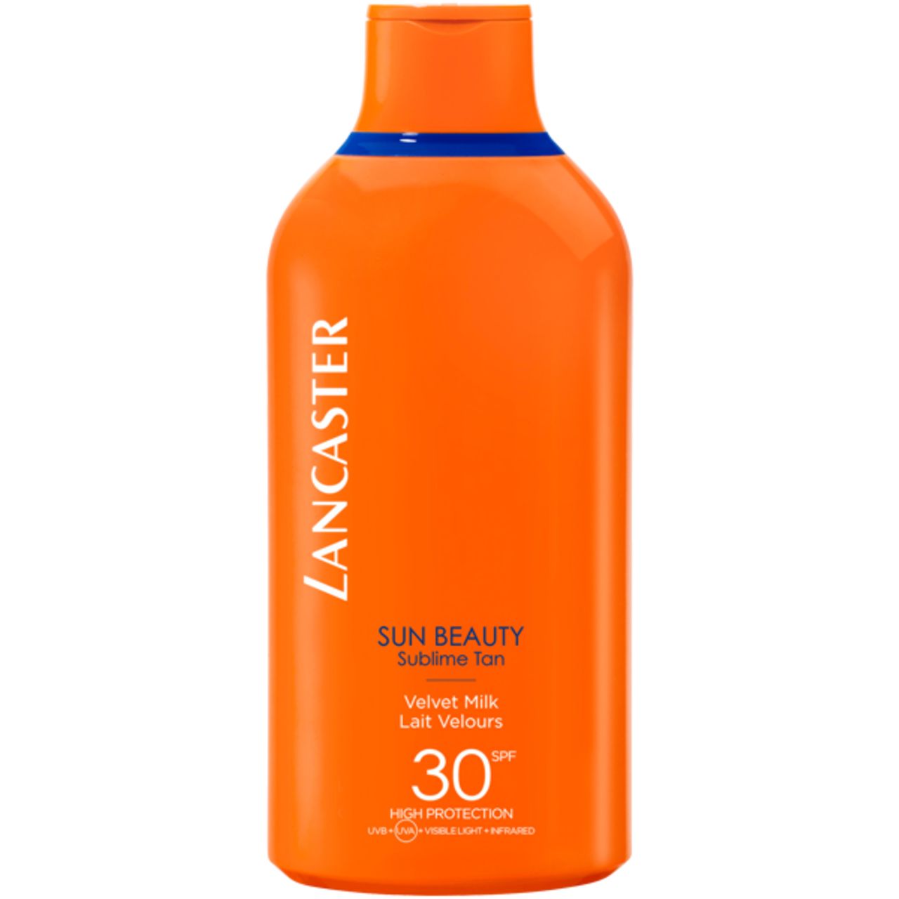 Flacone arancione con linea blu. Testo: Lancaster, Sun Beauty, Velvet Milk, SPF 30.